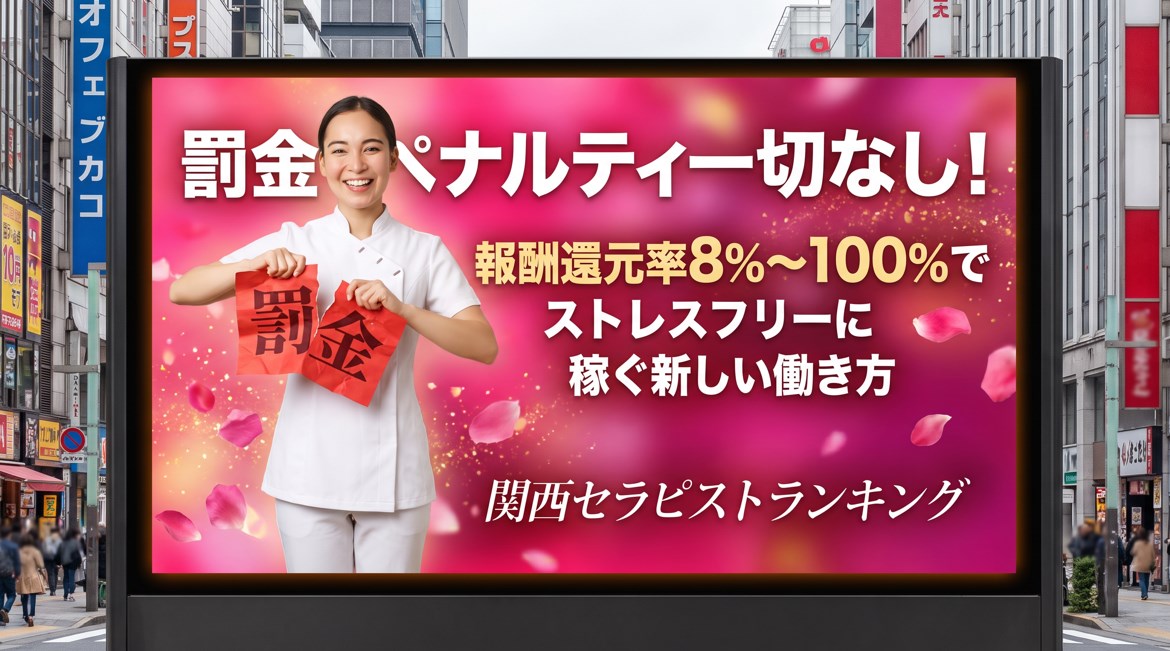 【セラピスト募集】罰金・ペナルティ一切なし！報酬還元率85〜100%でストレスフリーに稼ぐ新しい働き方｜関西セラピストランキング画像
